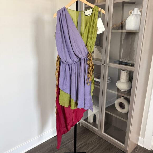 GUCCI Silk Layered Color Block Asymmetric Dress 36 NEW Roman Gold Runway Mini - Picture 1 of 7